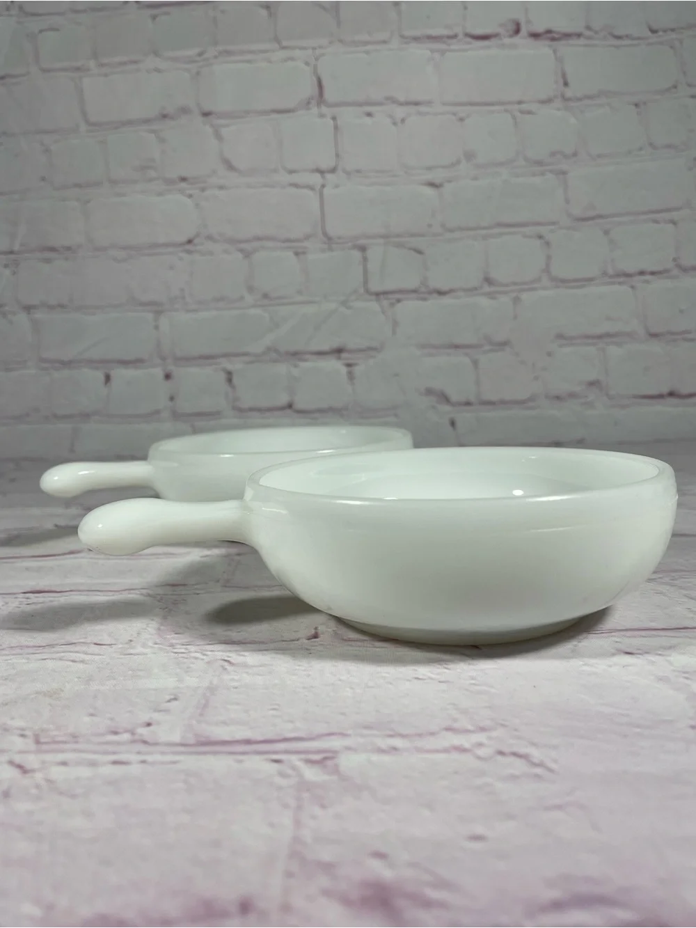 Vintage Glasbake White Milk Glass Soup Chili Chowder Handled Bowls Set of 2